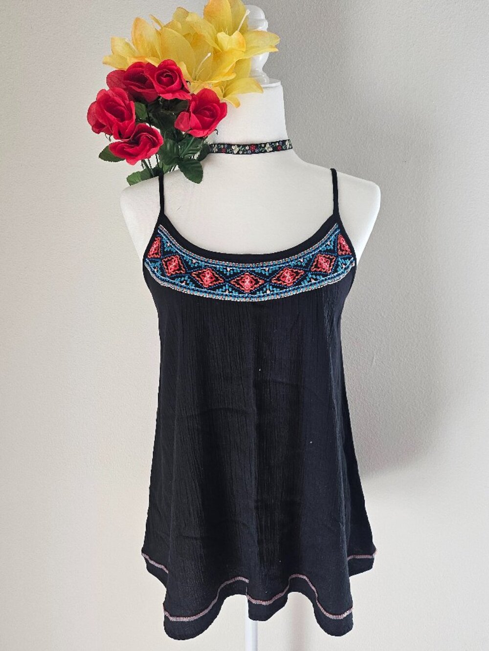 Massimo Embroidered Boho Camisole Top Black Tribal Festival Tank